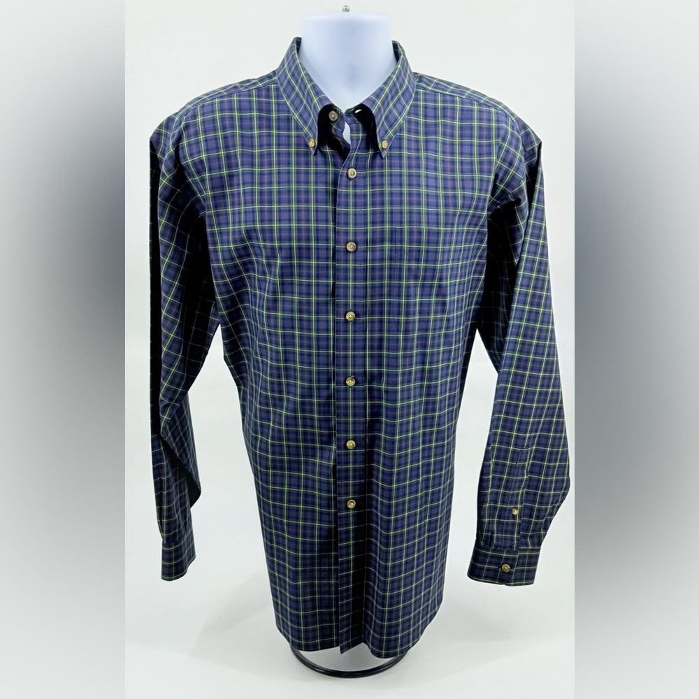 LL Bean Blue Grn Plaid Button Up Shirt Wrinkle‎ Resistant L/S OYP38 Men’s XL Reg